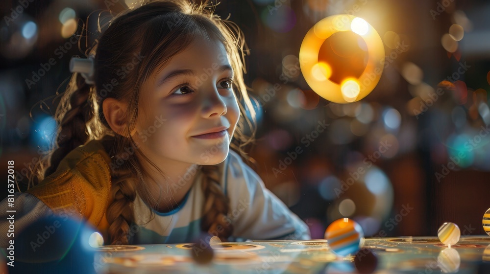 Girl with braids admiring a solar system model with planets glowing Girl with braids admiring a solar system model with planets glowing
