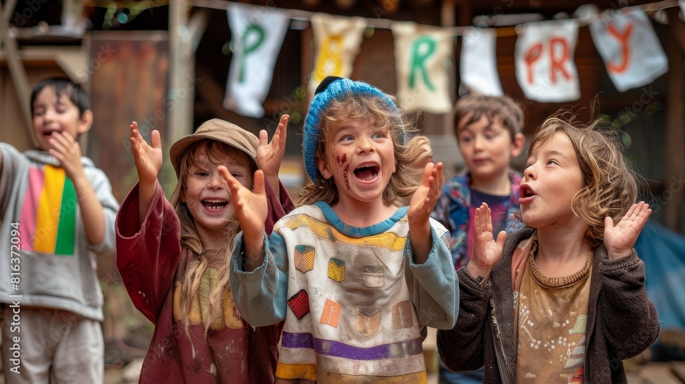 Fototapeta premium Children clapping and laughing at an outdoor party with banners and decorations