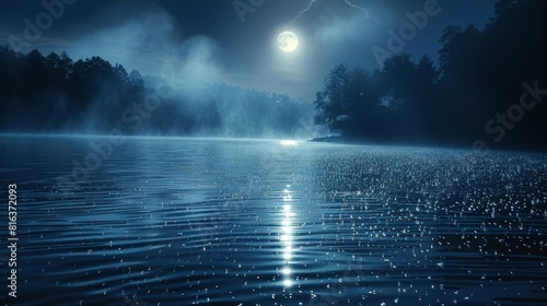 Misty lake with moonlight reflections and silhouettes of trees at night