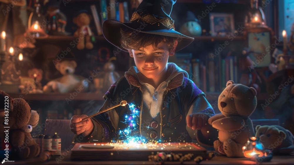 Young wizard in blue robe casting spells with a glowing wand over a magical book Young wizard in blue robe casting spells with a glowing wand over a magical book