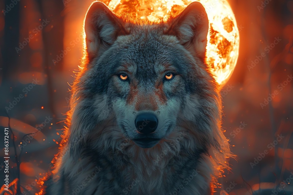 A wolf stands in front of a full moon. The wolf is illuminated by the moonlight. The background is dark. A wolf stands in front of a full moon. The wolf is illuminated by the moonlight. The background is dark.