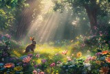Big brown rabbit looking at colorful easter egg in imagination forest with warm golden sun ray shine under the tree . Cute bunny hiding in fantasy forest with colorful flower on green grass. AIG42.