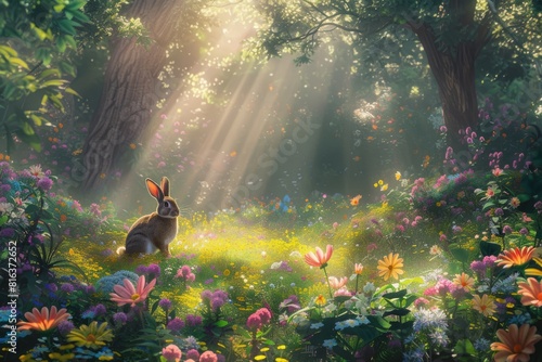 Big brown rabbit looking at colorful easter egg in imagination forest with warm golden sun ray shine under the tree . Cute bunny hiding in fantasy forest with colorful flower on green grass. AIG42. photo
