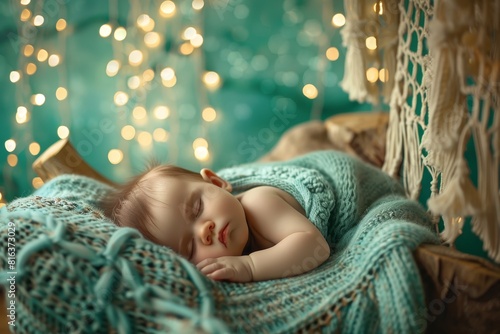 Toddler sleeping on blue blanket with shimmering stars.