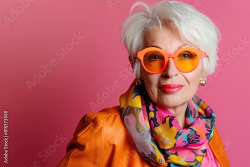 Elegant senior woman with white hair  bright orange sunglasses and scarf on pink background. Fashion portrait of old lady in colorful attire