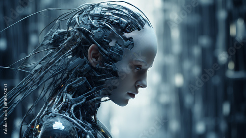 A woman with a robotic face is shown in a city setting