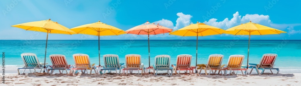 Row of colorful beach chairs and umbrellas are set up on a beach. The umbrellas are yellow and orange, and the chairs are in various colors.