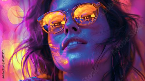 Close-Up of Colorful Girl s Face with Eyeglasses at Coachella Event