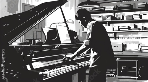 Piano tuner flat design side view maintenance theme cartoon drawing black and white photo