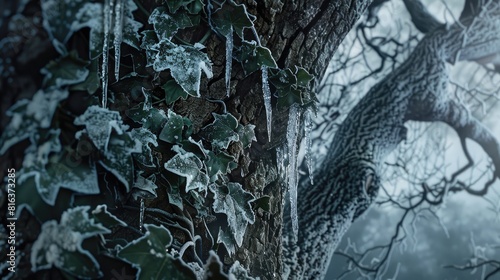 Icy ivy decorating a lofty tree photo