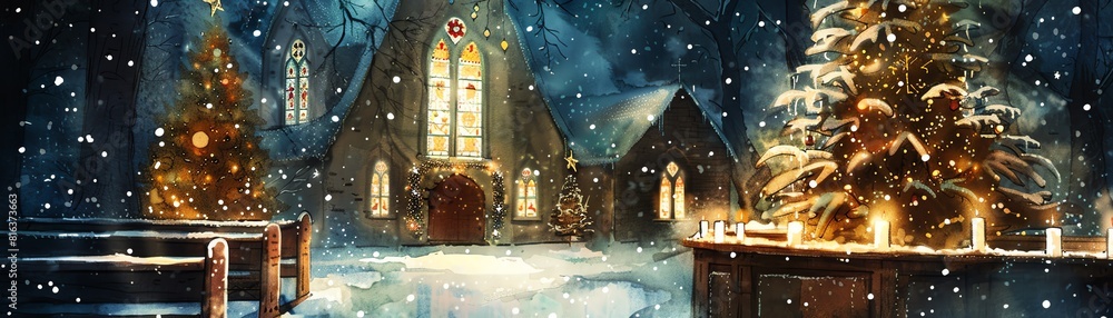 Watercolor painting of a quaint chapel on Christmas Eve, with soft snow falling and the glow of candlelight through stained glass
