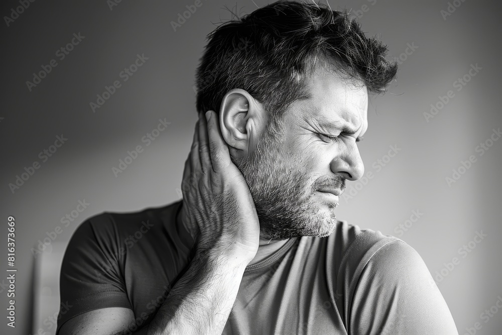 Man experiencing neck pain, holding his neck. Man experiencing neck pain, holding his neck.