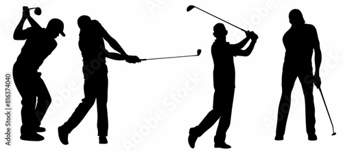 Set of sportsman golfers playing golf in various poses
