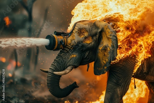 A closeup charismatic half body of an elephant in firefighting gear