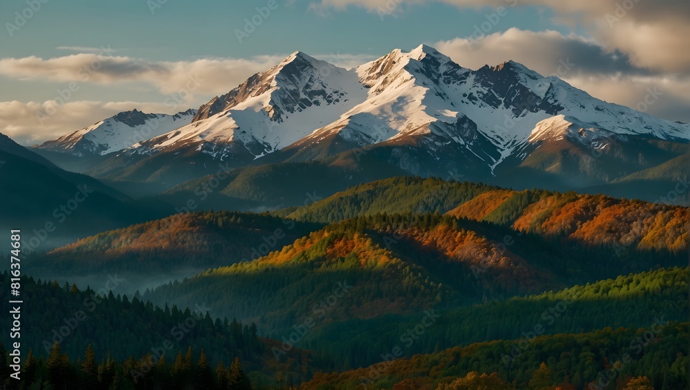 Obraz premium The majesty of a mountain range cloaked in layers of emerald green, russet brown, and snowy white ai_generated
