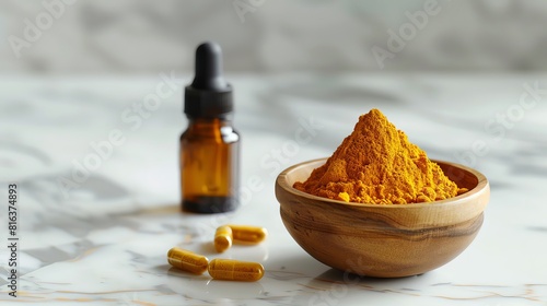 Turmeric powder in wooden bowl and turencer, capsule with oil bottle on marble table background. Screen grab of stock photo for esoteric shop advertisement