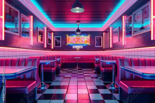A frame mockup resides in a retro diner  surrounded by neon signs and classic vinyl booths  evoking nostalgia through vibrant 3D rendering