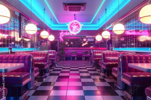 A frame mockup resides in a retro diner, surrounded by neon signs and classic vinyl booths, evoking nostalgia through vibrant 3D rendering photo
