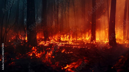 Intense Forest Fire with Harsh Lighting  Blurred Background