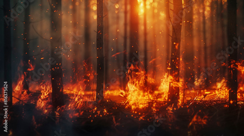 Dramatic Blurred Forest Fire Scene with Intense Illumination