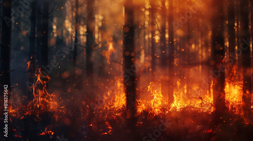 Dramatic Blurred Forest Fire Scene with Intense Illumination
