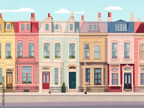 Victorian street flat design front view historical era theme animation tetradic color scheme © Jeannaa