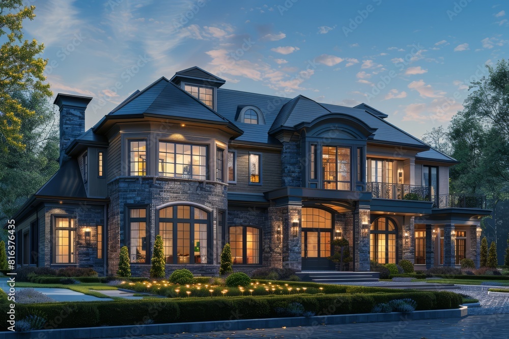 The two-story luxury house with stone veneer and a dark roof in the twilight. The two-story luxury house with stone veneer and a dark roof in the twilight.