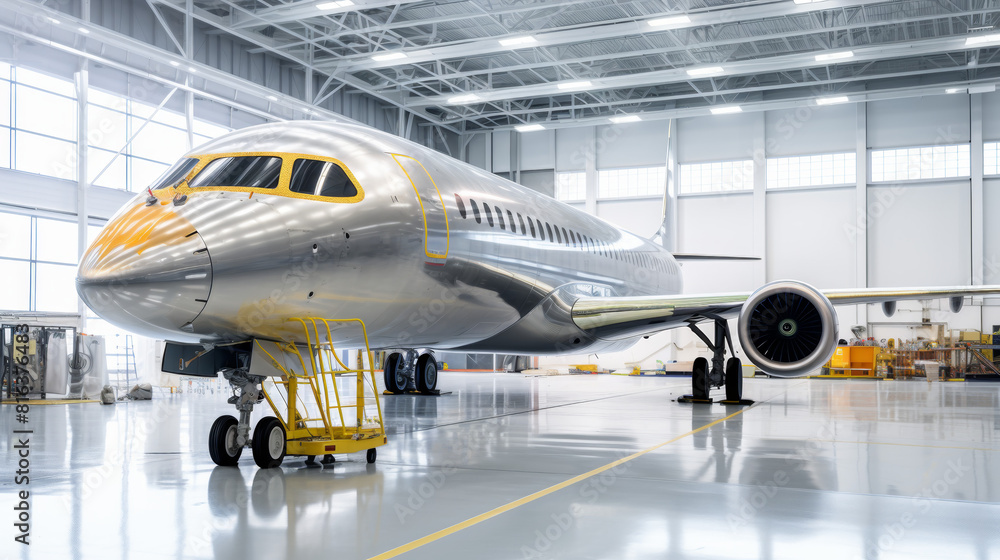 A silver airplane is parked in a hangar A silver airplane is parked in a hangar