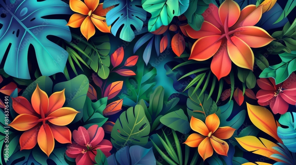 Vibrant tropical leaves and flowers.