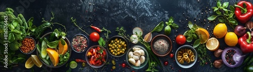 Various fresh organic vegetables and ingredients for healthy eating or cooking on a dark blue stone background. Top view, flat lay.