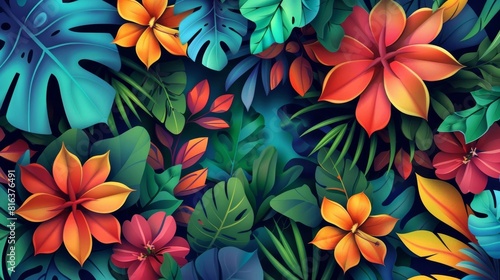 Vibrant tropical leaves and flowers.