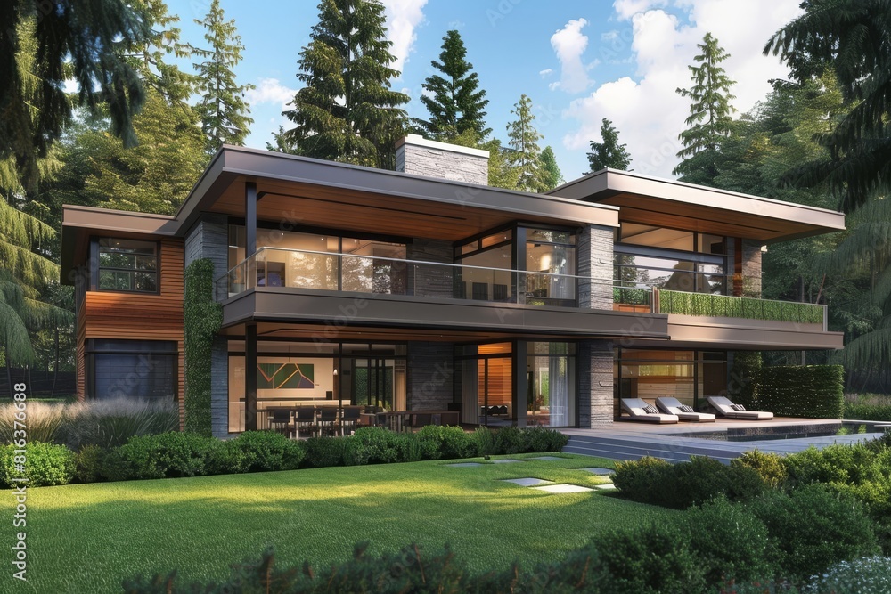 Modern two-story house with flat roof and large windows Modern two-story house with flat roof and large windows