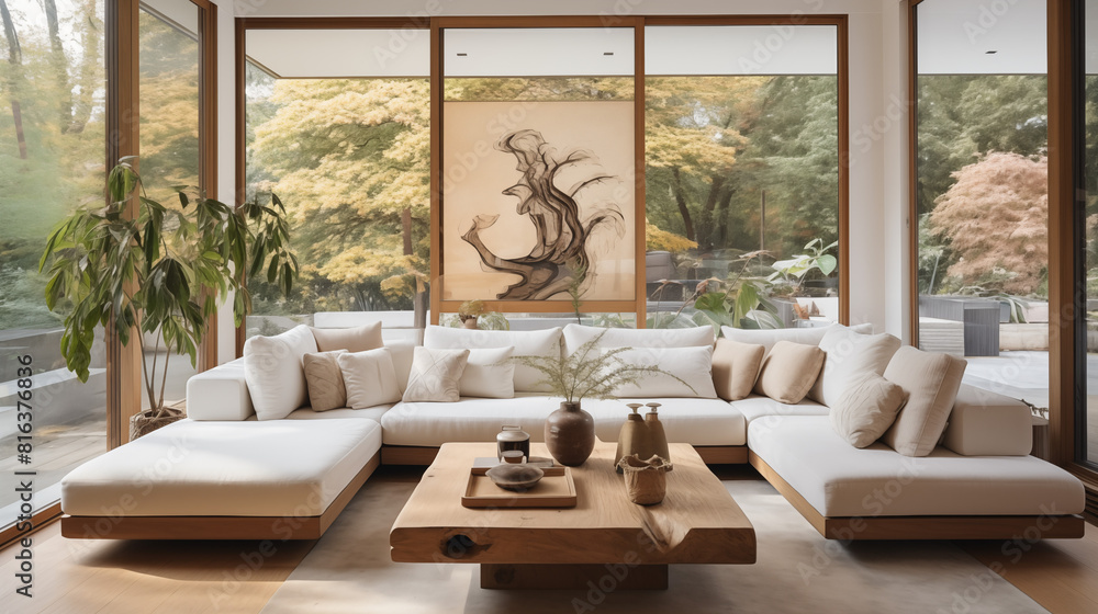 Elegant Modern Living Room with White Sofa and Wooden Elements Elegant Modern Living Room with White Sofa and Wooden Elements