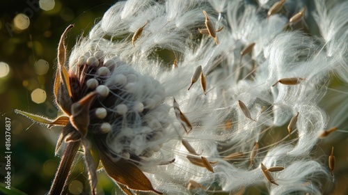 Airborne seeds being released from milkweed seed pods