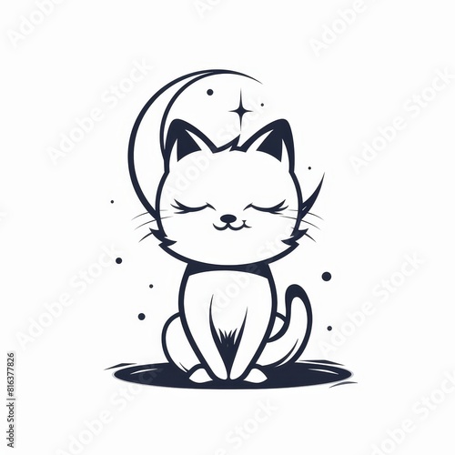 The image is a black and white cartoon cat. The cat is sitting with its eyes closed and a crescent moon and stars above its head. The cat is surrounded by stars. © ketsarin