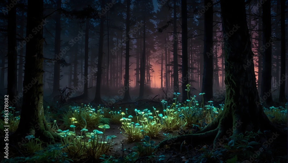 Naklejka premium A vivid scene of a moonlit forest where shadows dance amidst the vibrant glow of bioluminescent fungi ai_generated