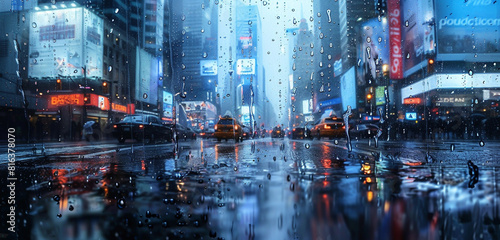 Abstract city rain mirrors urban life in shades of blue and gray. photo