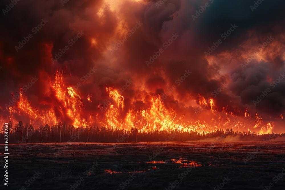 A wide shot shows a fire on flat land, with a large forest burning in the far distance. 