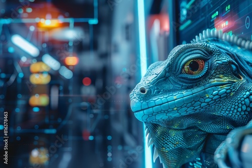 Futuristic charismatic cyber closeup of a lizard in spy gear