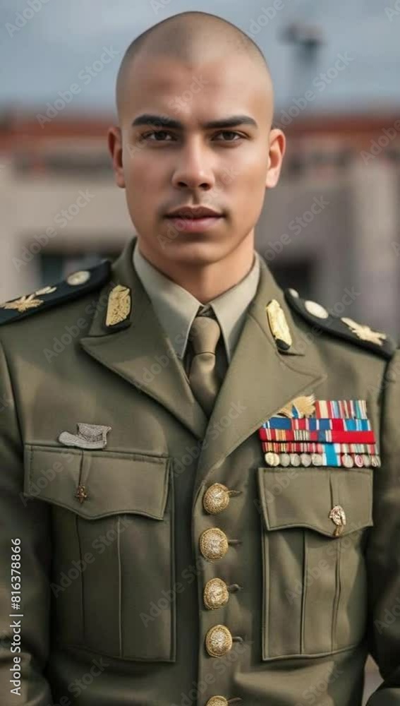 front portrait of a young man with a shaved head in a military unifor front portrait of a young man with a shaved head in a military unifor