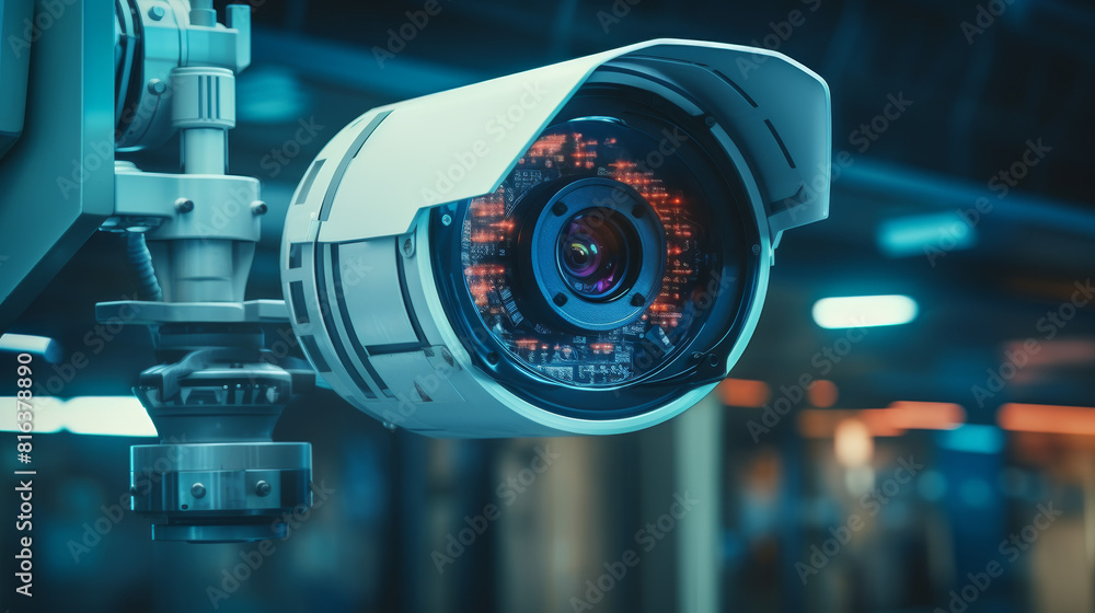 A camera with a red lens is on a white background A camera with a red lens is on a white background