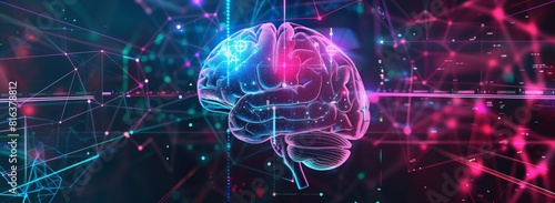AI artificial intelligence abstract digital technology microchip brain with neural network connections  on dark panoramic background. Generative AI photo