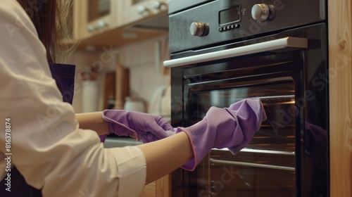 A woman in an apron and purple gloves is seen cleaning the oven with a rag, against light wood kitchen cabinets,.
