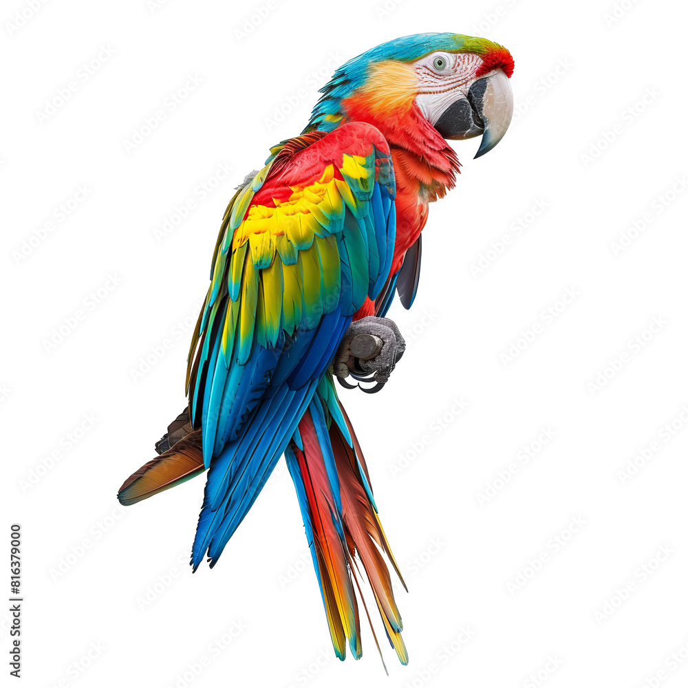 Fototapeta premium a colorful parrot perched on a branch against a white background, transparent background png