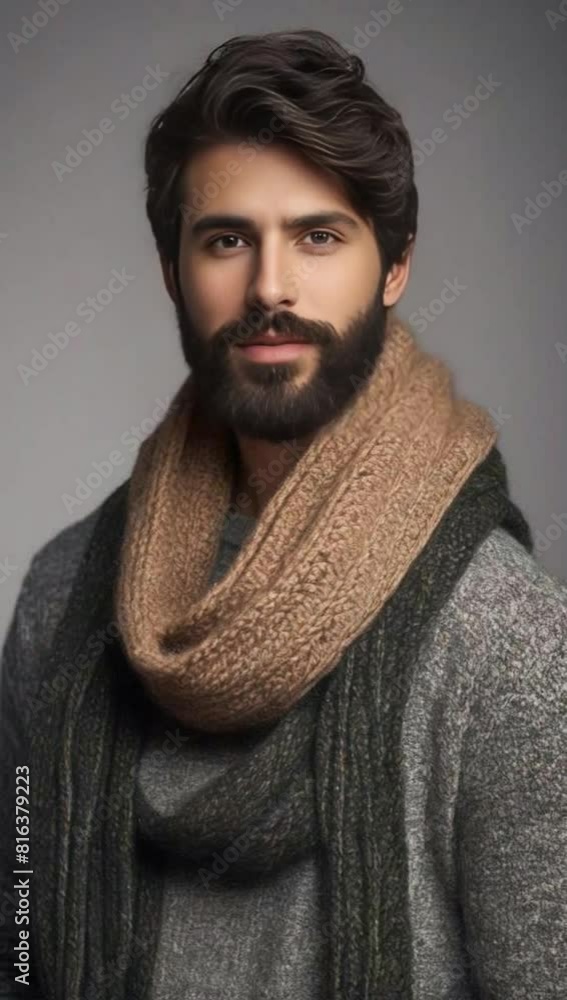 front portrait of a young man with a beard in a cozy sweater and scar front portrait of a young man with a beard in a cozy sweater and scar