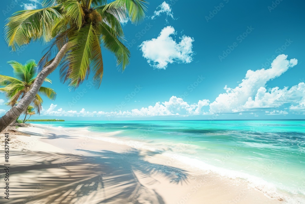 Tropical beach with clear water and green hills