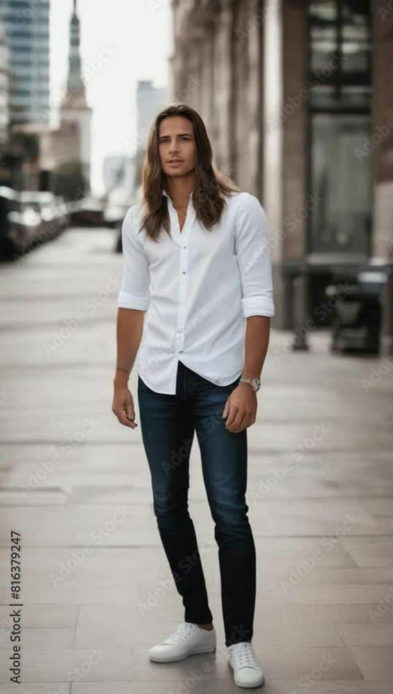 front portrait of a young man with long hair in a classic white shirt front portrait of a young man with long hair in a classic white shirt