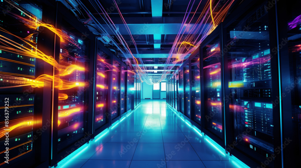 A long, brightly lit room with many computer servers A long, brightly lit room with many computer servers