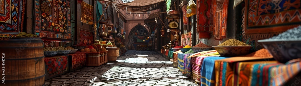 Obraz premium Inside a bustling Moroccan market, a frame mockup is adorned with colorful tapestries and spices, capturing the vibrant and aromatic atmosphere in a 3Drendered snapshot