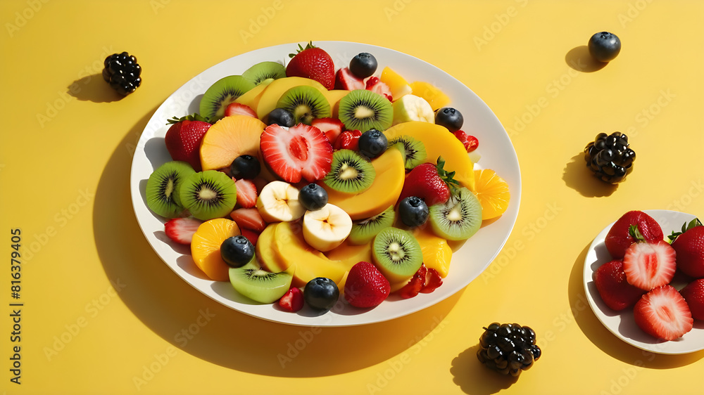 Mixed fruit salad in plate on yellow background top view Diet summer food concept Mixed fruit salad in plate on yellow background top view Diet summer food concept